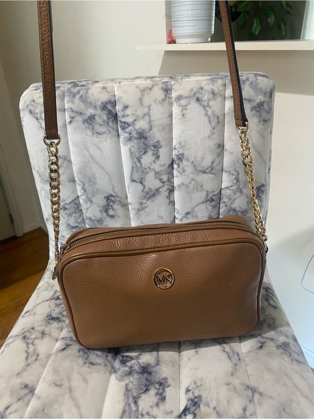 Michael Kors Tan Pebbled Leather Camera Crossbody with Gold Hardware